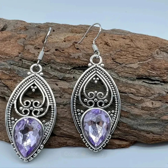 Ornate Filigree Silver Plated Dangle Earrings - Synthetic Stone - Picture 4 of 6